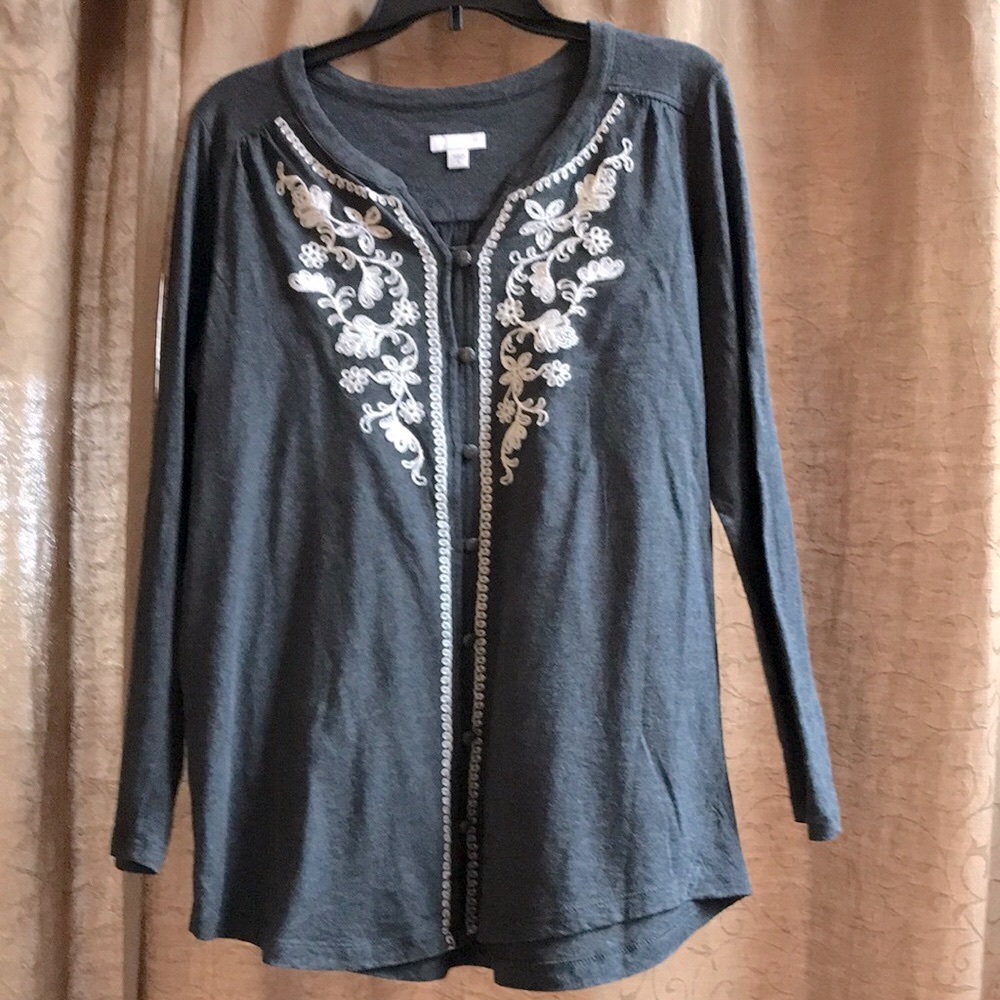 J. Jill women’s gray tunic with cream soutache embroidery and metal buttons